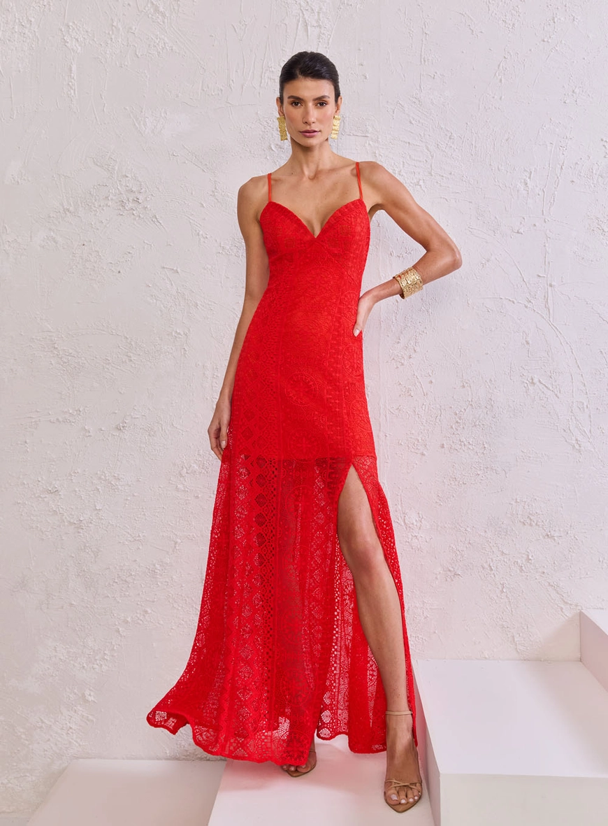 Vestido Longo Renda Decote Coração