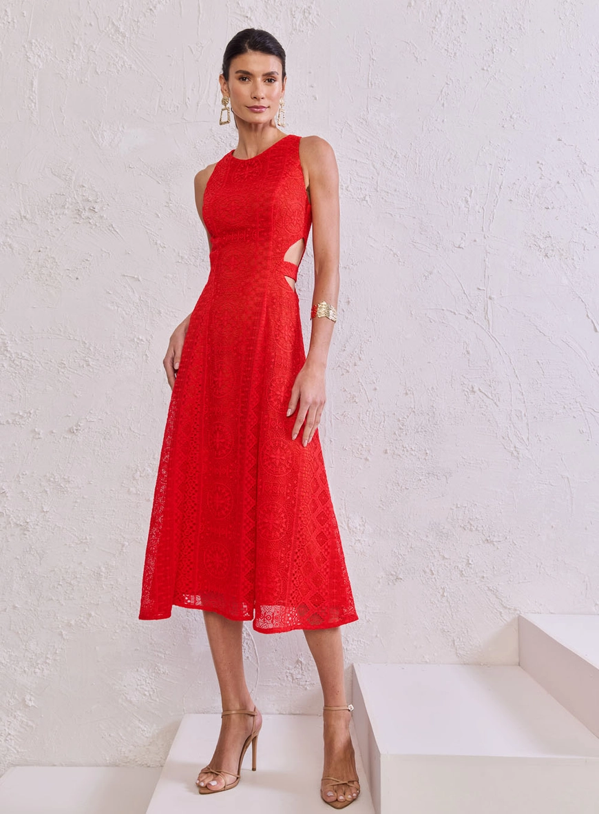 Vestido Midi Cut Out Em Renda