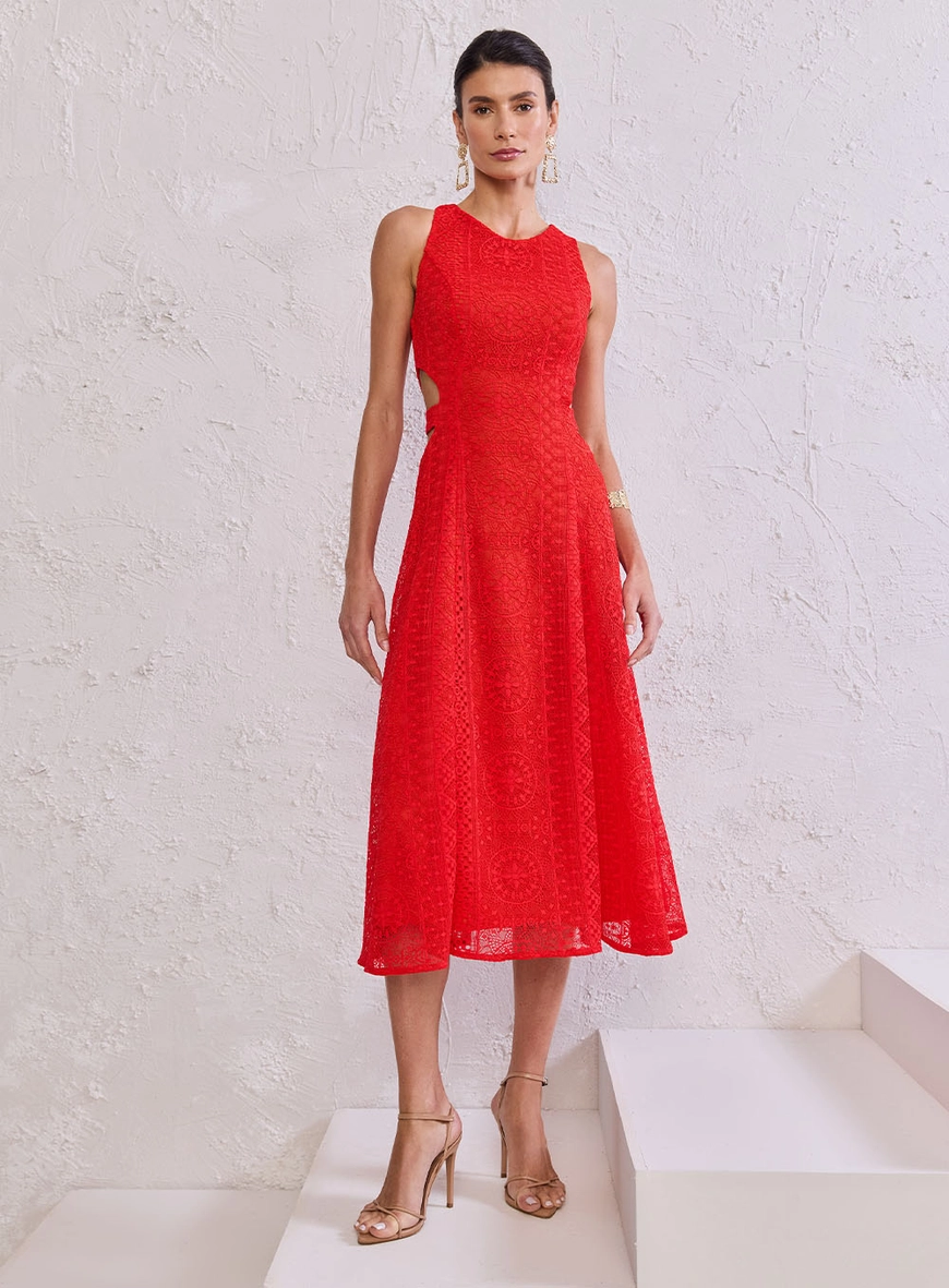 Vestido Midi Cut Out Em Renda