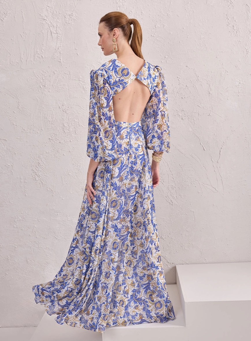 Vestido Longo Mangas Bufantes - Floral Turca