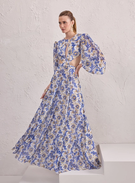 Vestido Longo Mangas Bufantes - Floral Turca