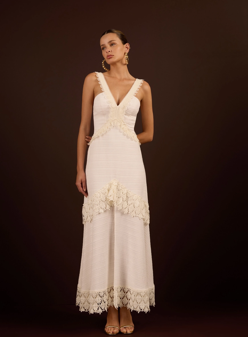 Vestido Midi Aplicações De Renda