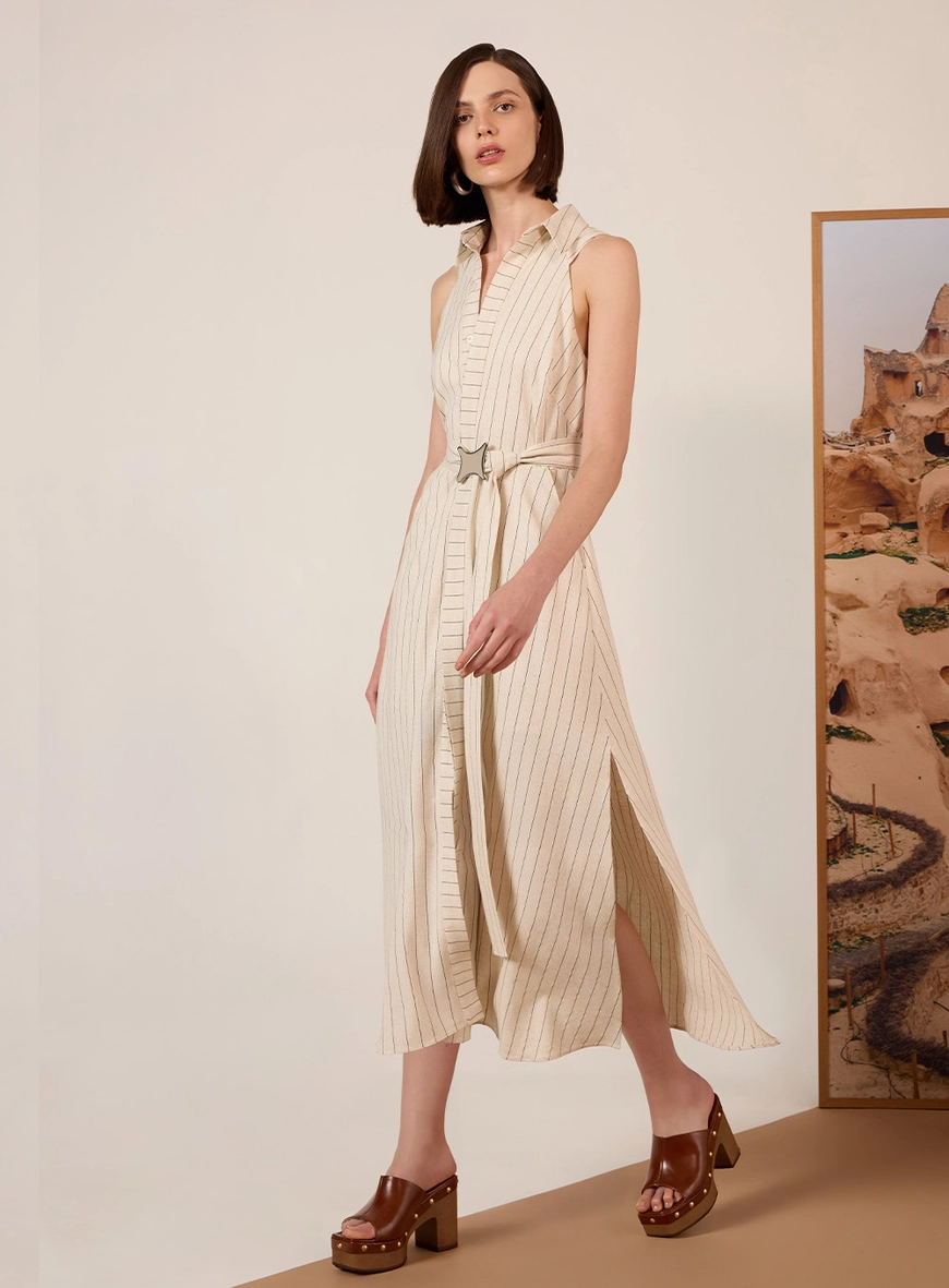 Vestido Chemise Linho Risca De Giz