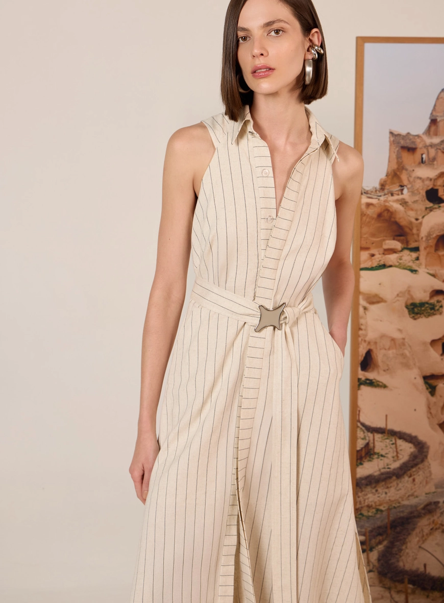 Vestido Chemise Linho Risca De Giz