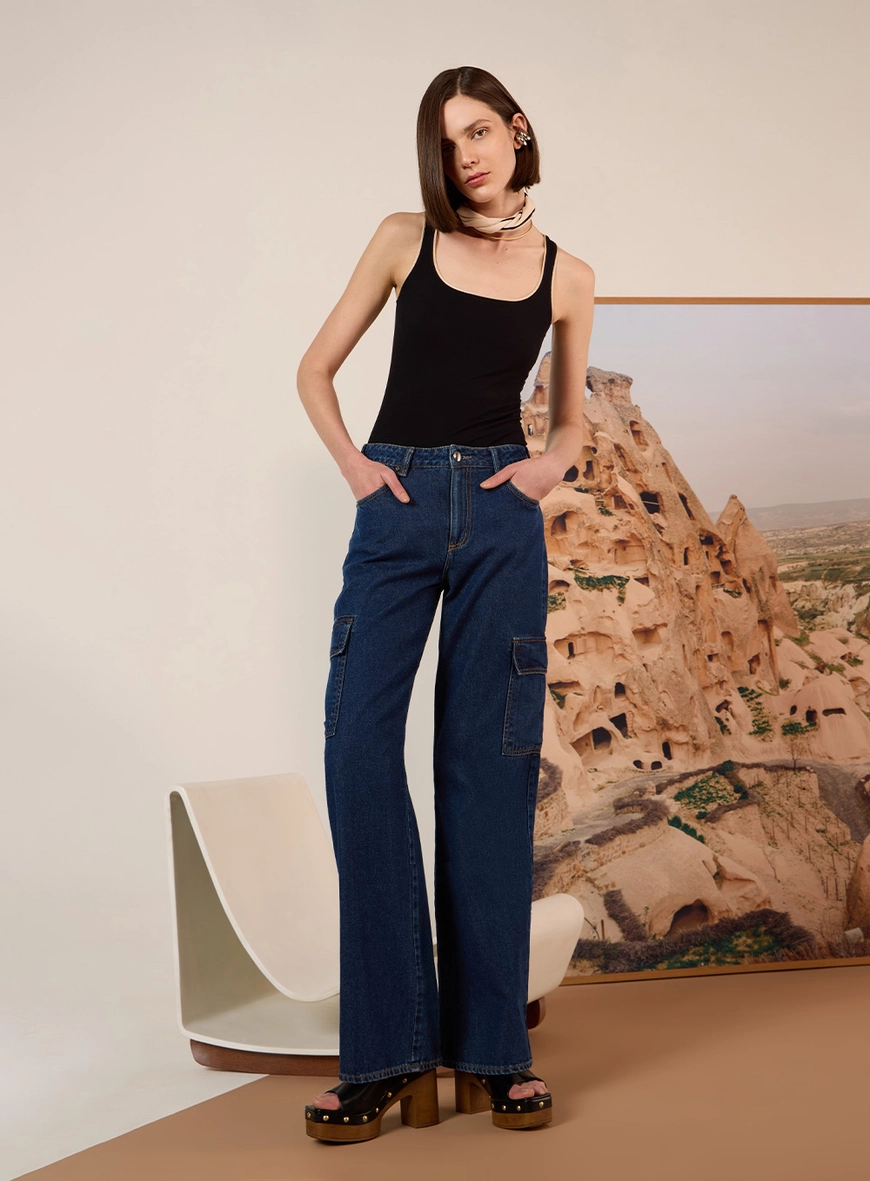 Calça Wide Leg Utilitária Jeans