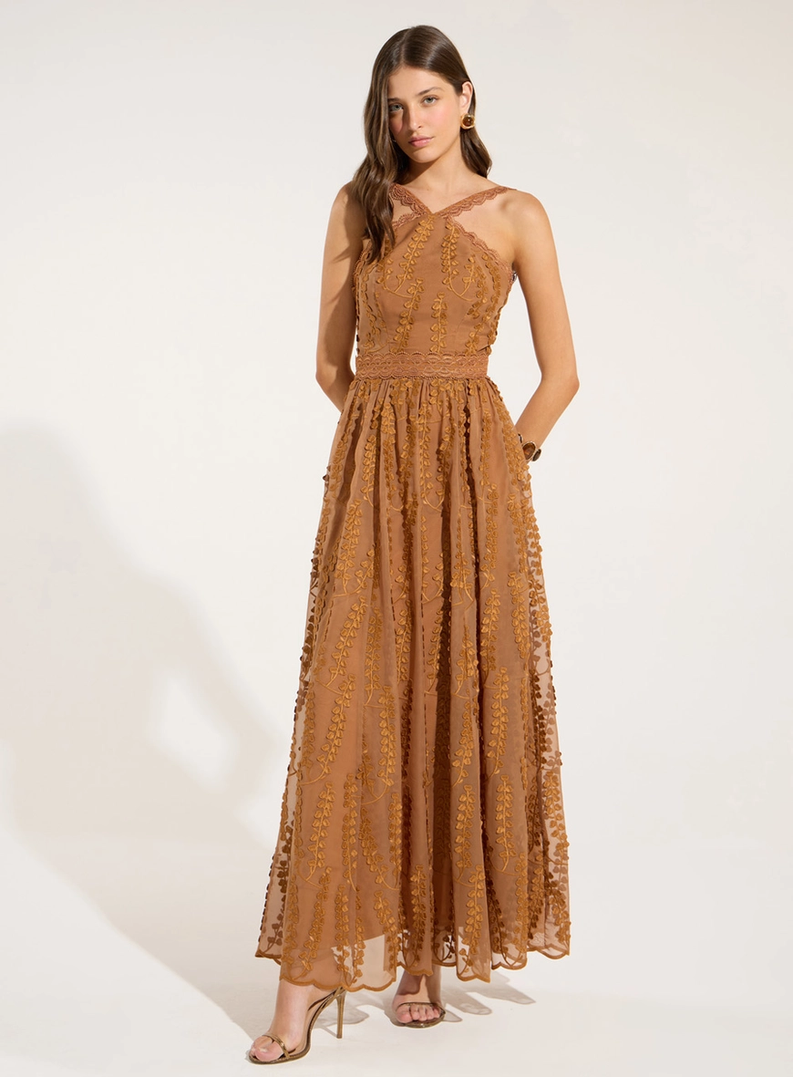 Vestido Maxi Midi Bordado Folhas