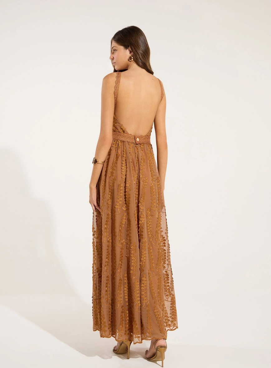 Vestido Maxi Midi Bordado Folhas