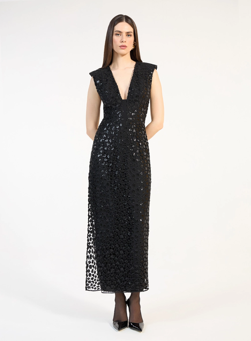 Vestido Midi Tela Paetês - Preto