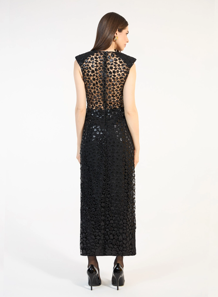 Vestido Midi Tela Paetês - Preto