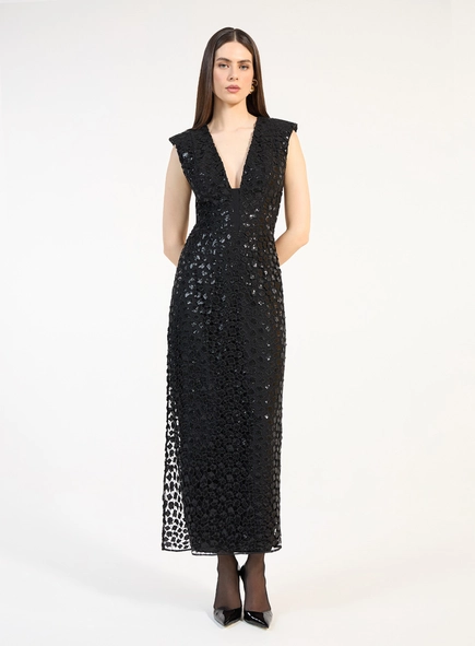 Vestido Midi Tela Paetês - Preto