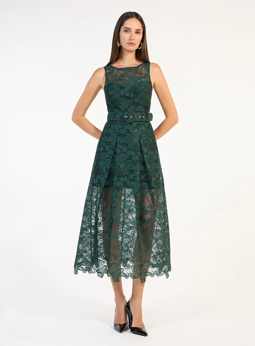 Vestido Midi Renda  Com Cinto - Verde