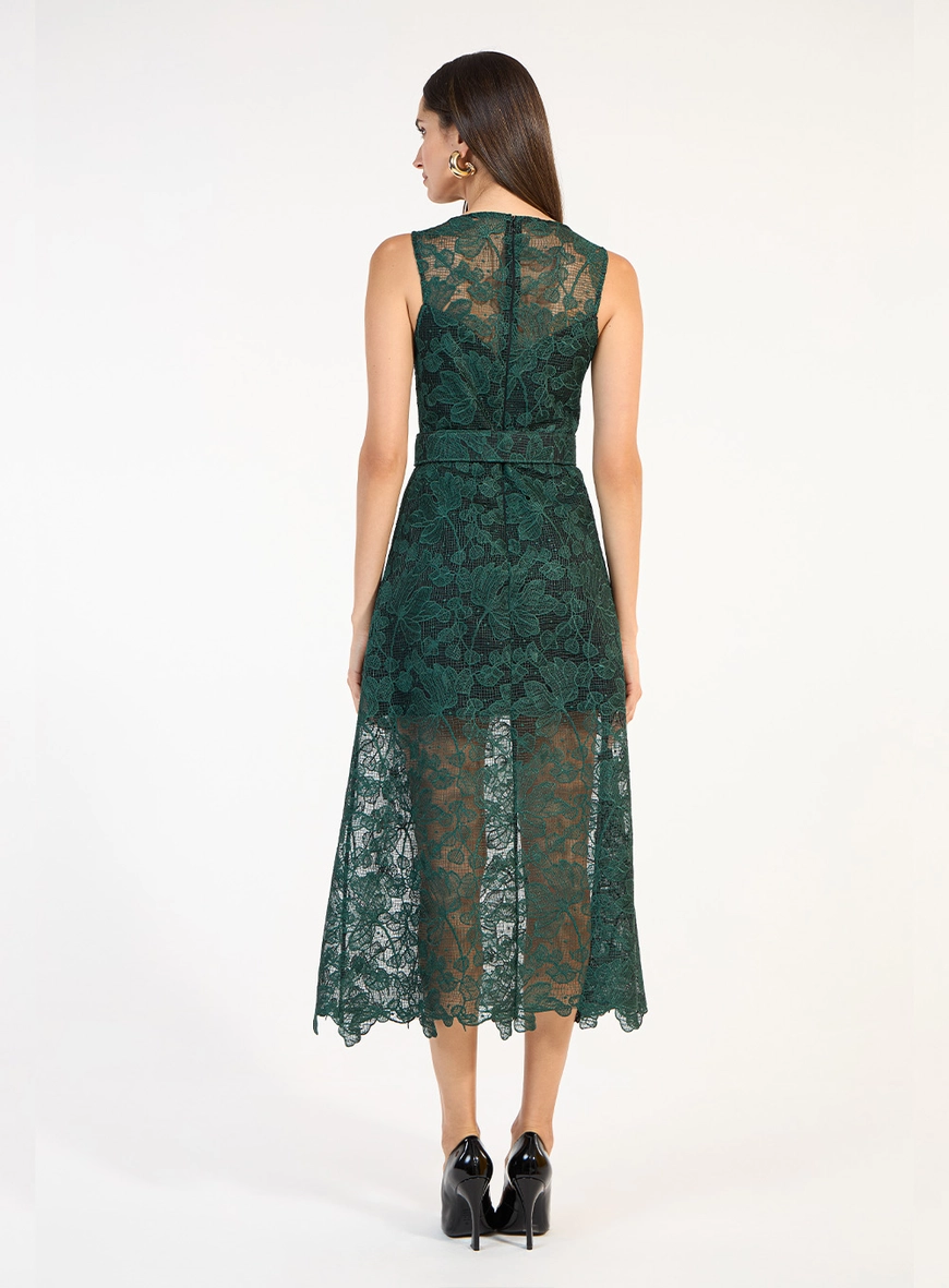Vestido Midi Renda  Com Cinto - Verde
