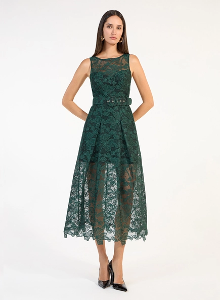 Vestido Midi Renda  Com Cinto - Verde