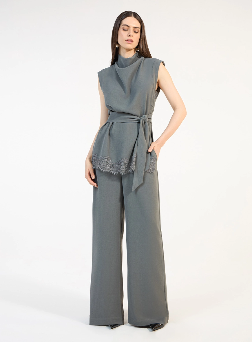 Conjunto Blusa Detalhe Renda E Calça - Cinza