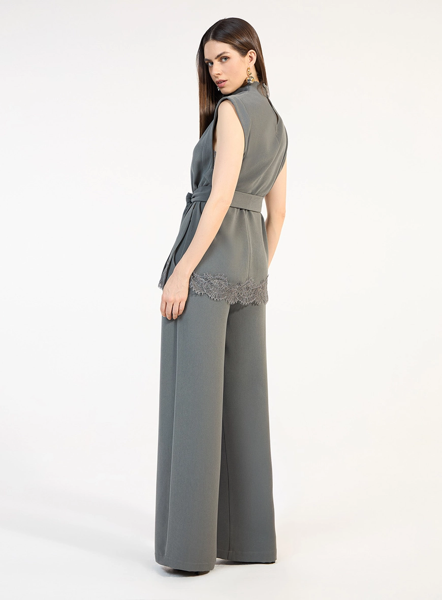 Conjunto Blusa Detalhe Renda E Calça - Cinza