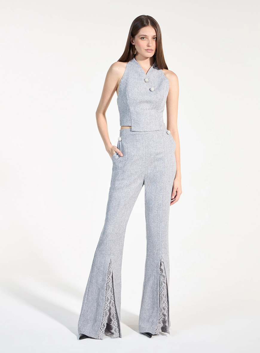 Conjunto Tweed Top E Calça Flare - Cinza