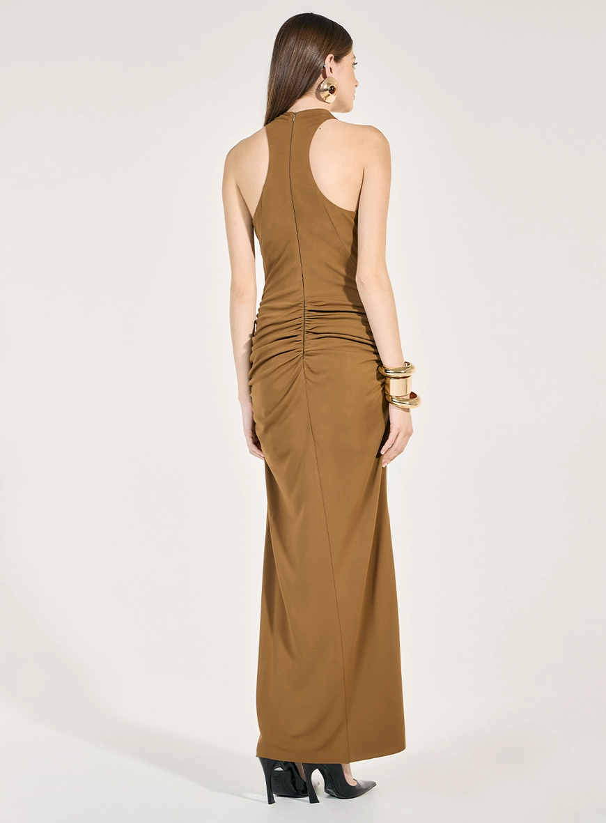 Vestido Longo Malha Drapeado - Marrom Cumaru