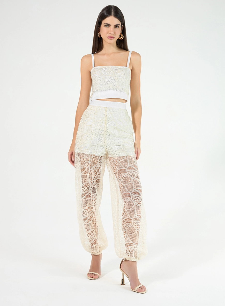 Conjunto Cropped E Calça Em Renda