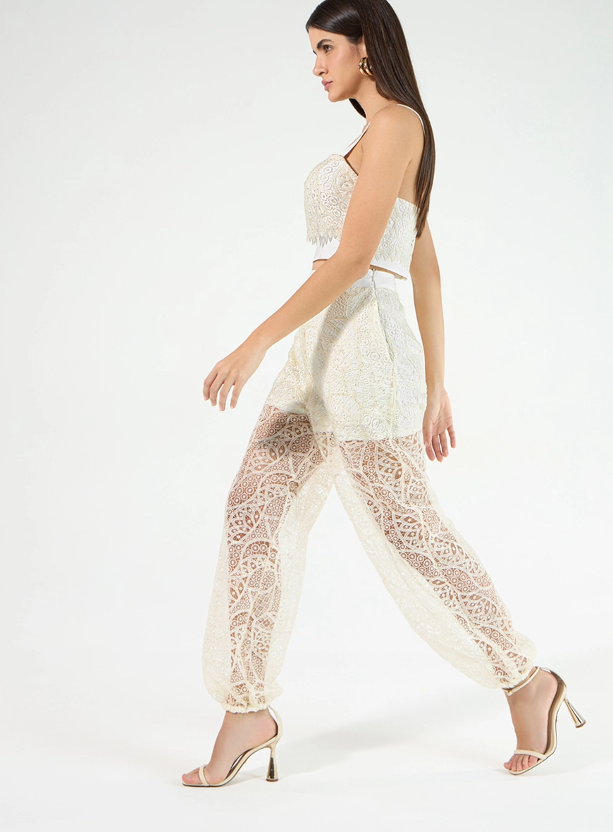 Conjunto Cropped E Calça Em Renda