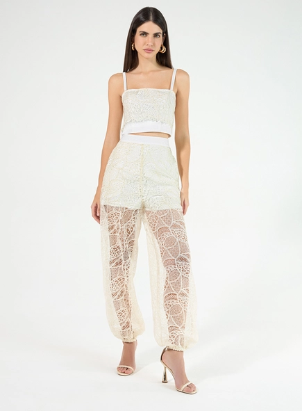 Conjunto Cropped E Calça Em Renda