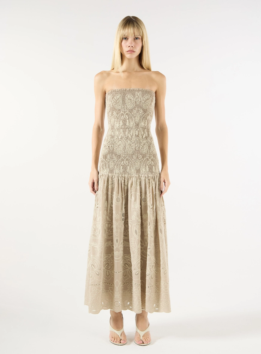 Vestido Midi Crepe Bordado Folhagem - Bege Greige