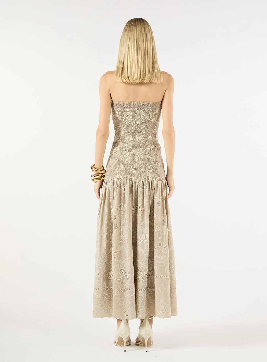 Vestido Midi Crepe Bordado Folhagem - Bege Greige