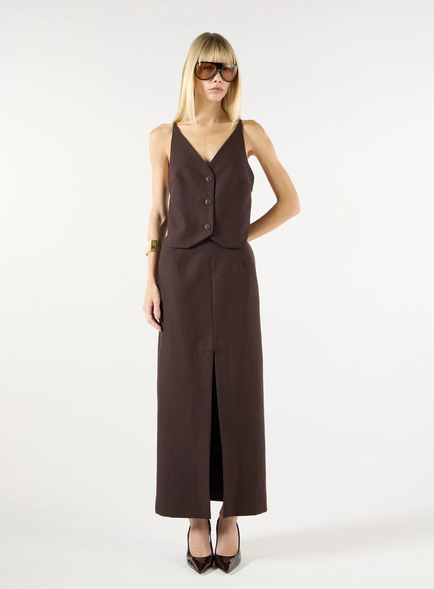 Conjunto Linho Blusa E Saia Midi- Marrom