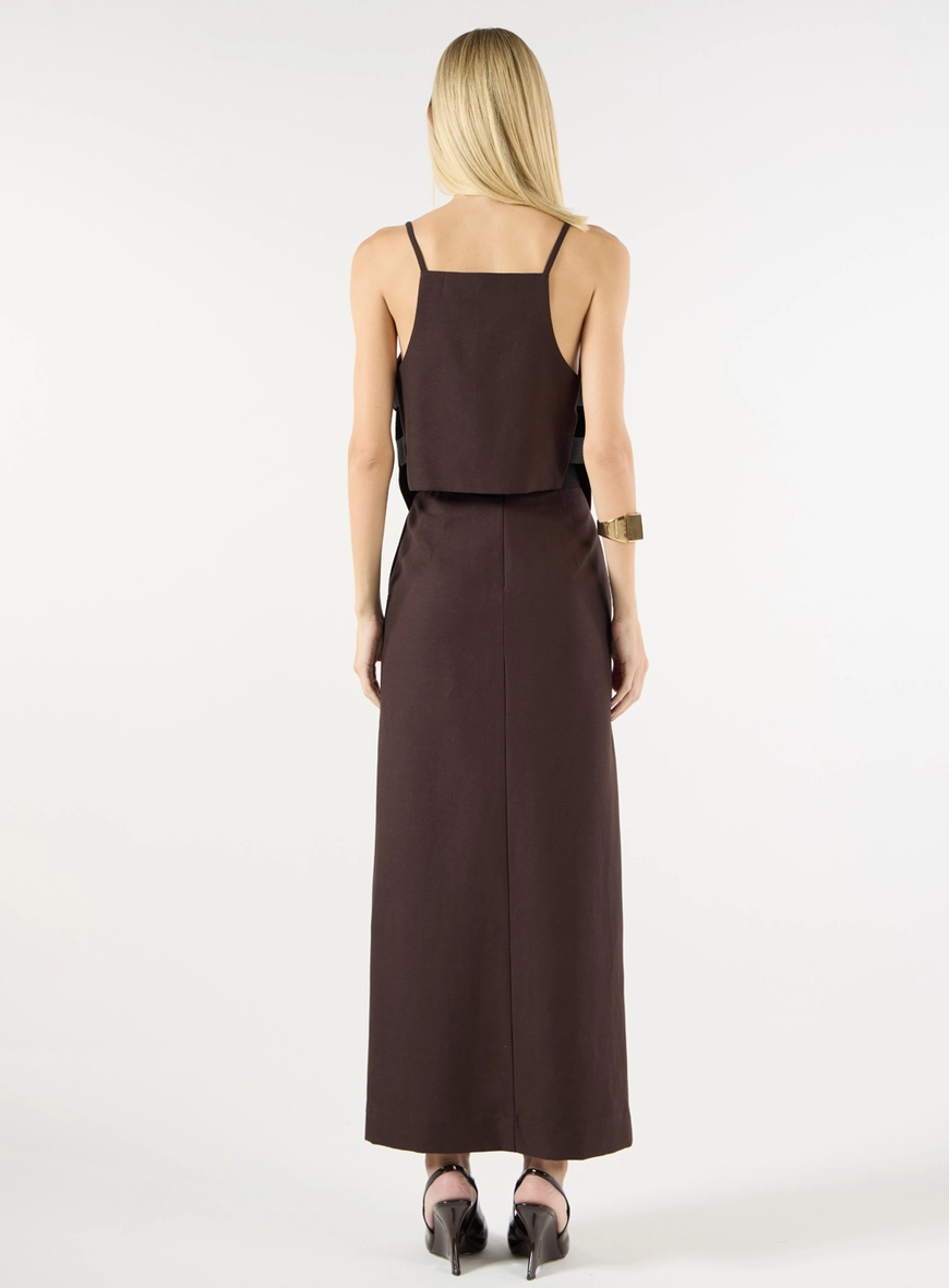 Conjunto Linho Blusa E Saia Midi- Marrom