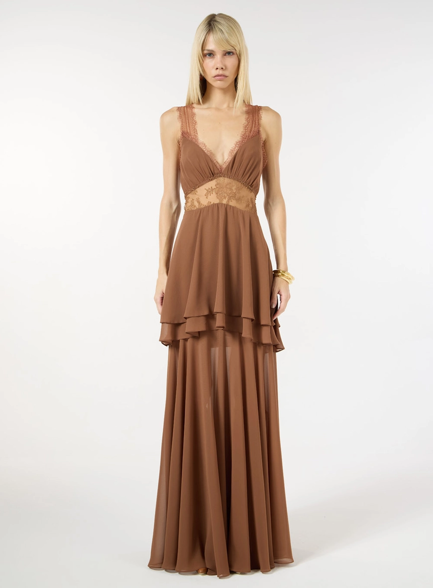 Vestido Longo Chiffon Camadas - Marrom Bourbon