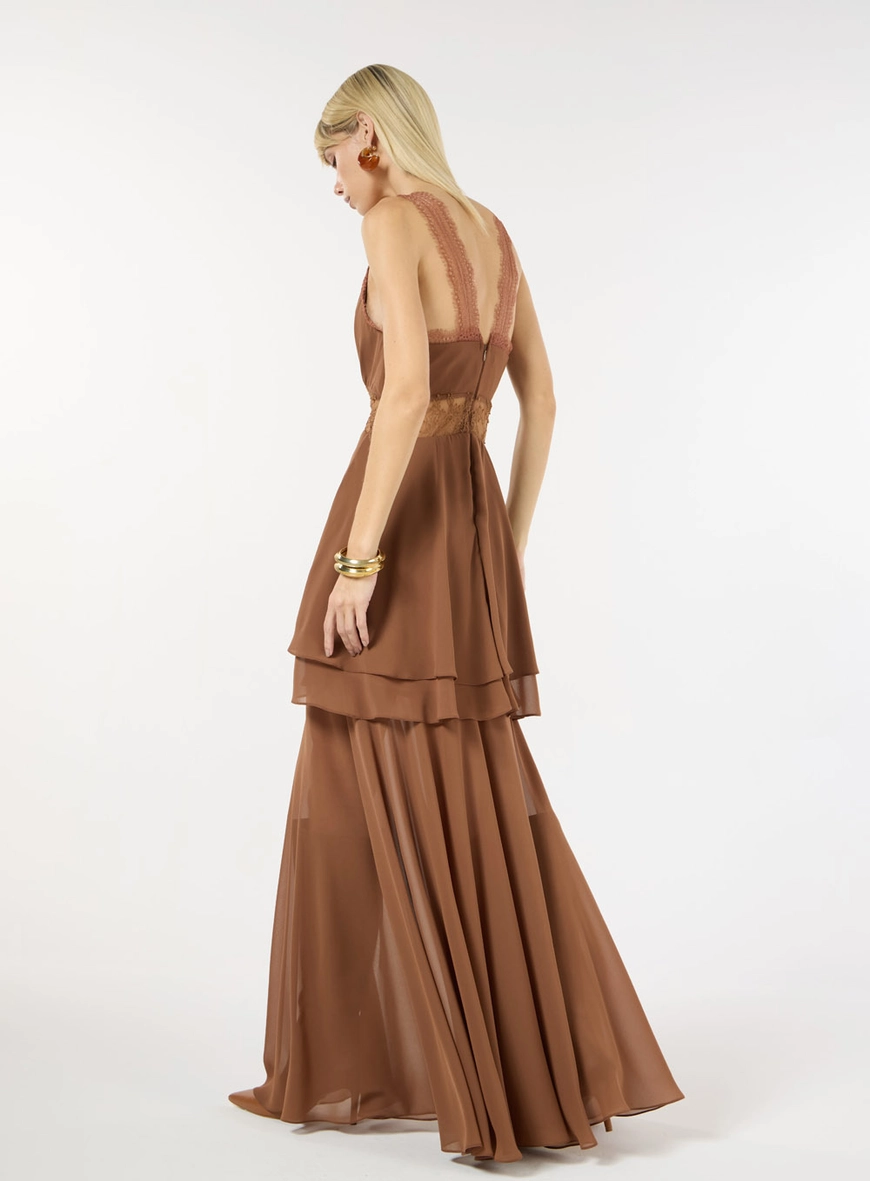Vestido Longo Chiffon Camadas - Marrom Bourbon