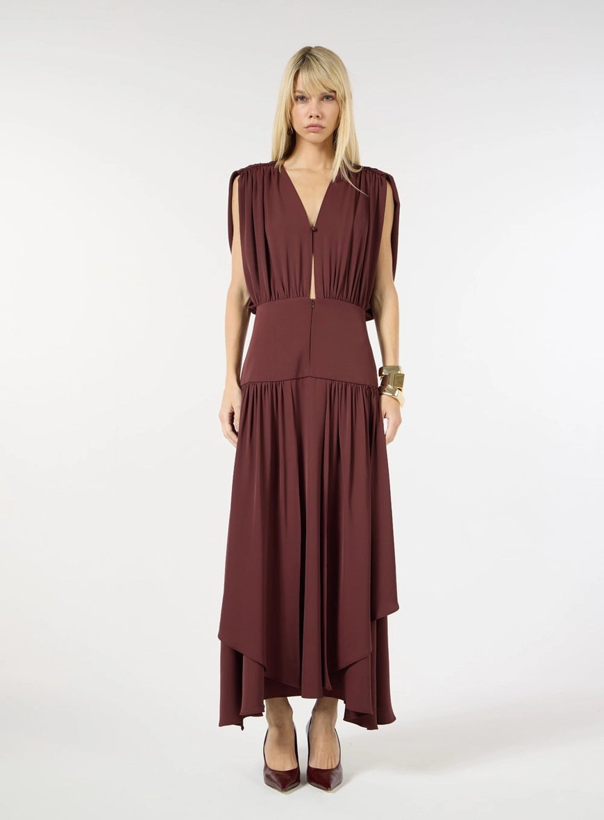 Vestido Midi Crepe Franzidos - Bordô