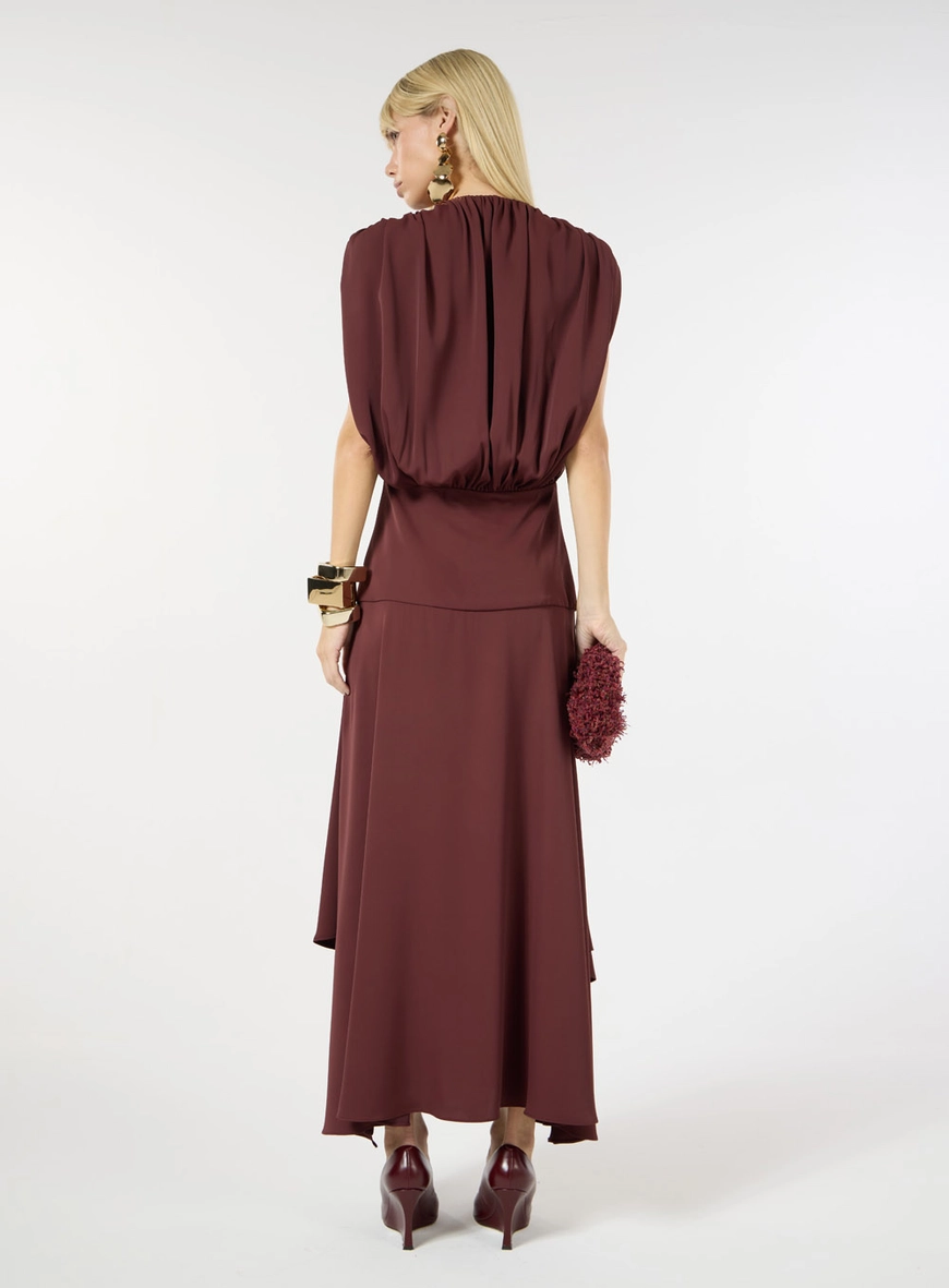 Vestido Midi Crepe Franzidos - Bordô
