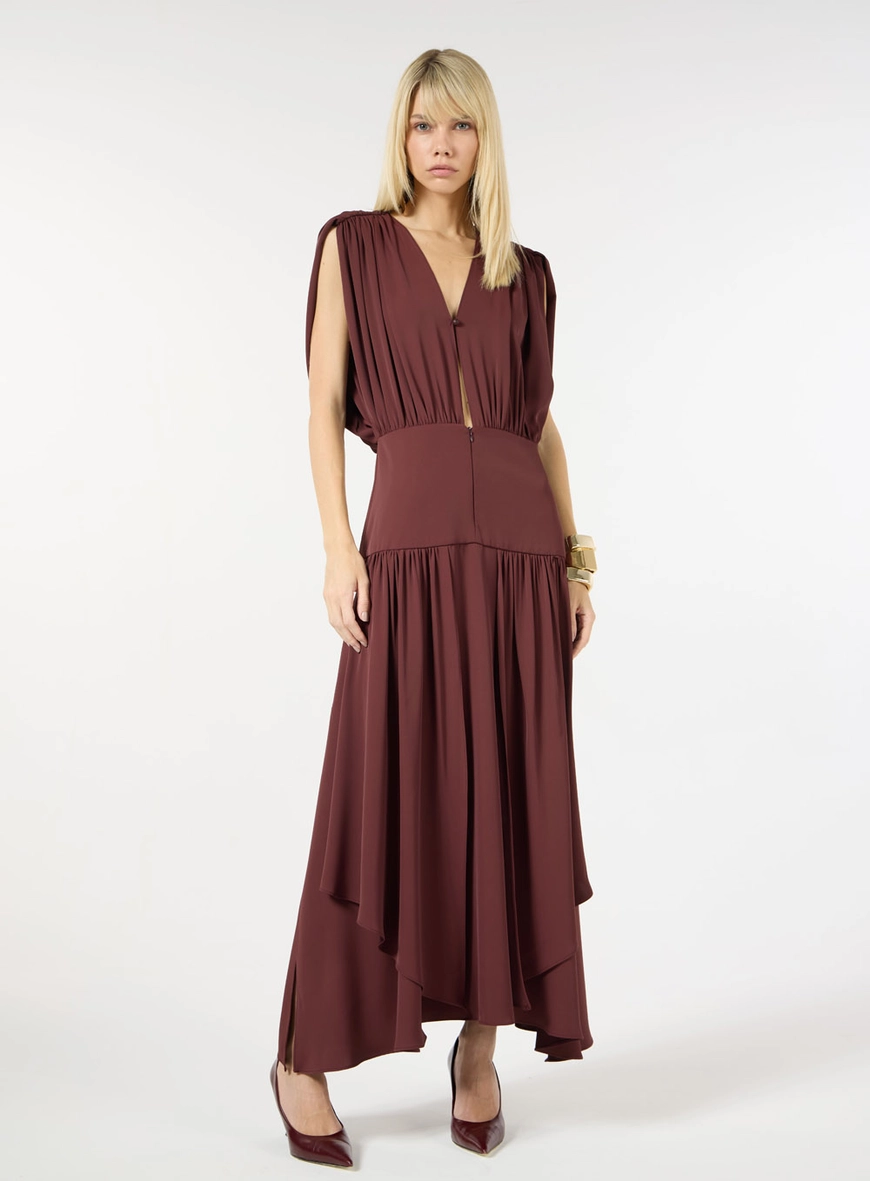 Vestido Midi Crepe Franzidos - Bordô