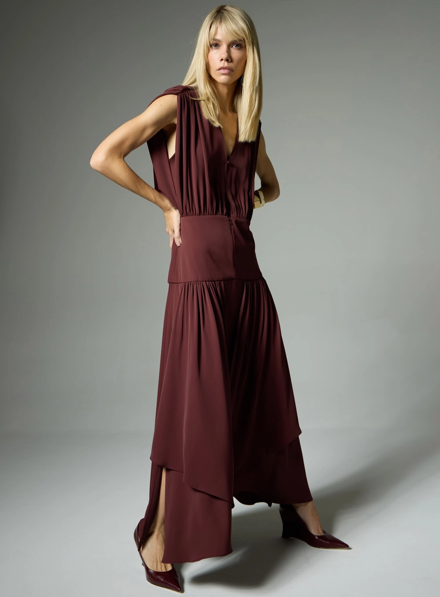 Vestido Midi Crepe Franzidos - Bordô
