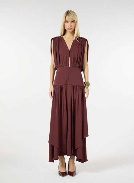 Vestido Midi Crepe Franzidos - Bordô