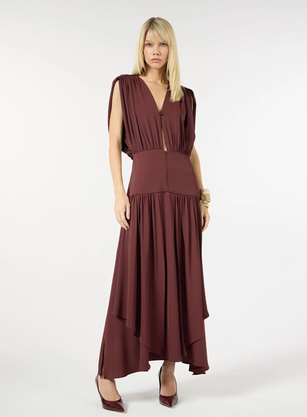 Vestido Midi Crepe Franzidos - Bordô