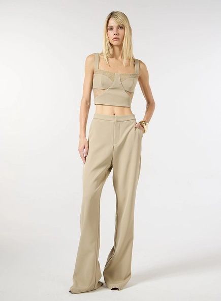 Conjunto Crepe Top E Calça Flare - Bege