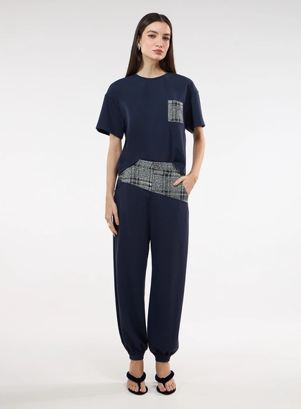 Calça Barrel Detalhe Em Tweed