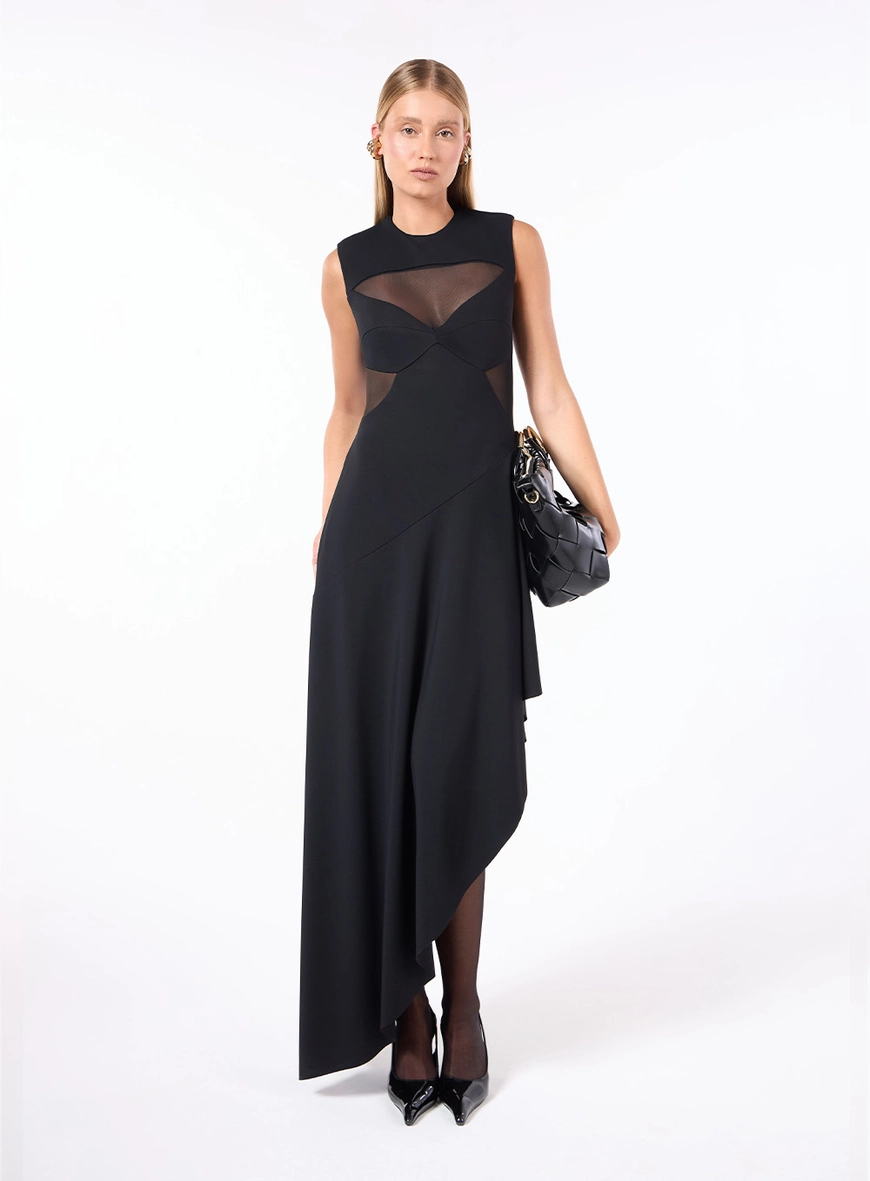 Vestido Midi Malha Recortes Tule - Preto