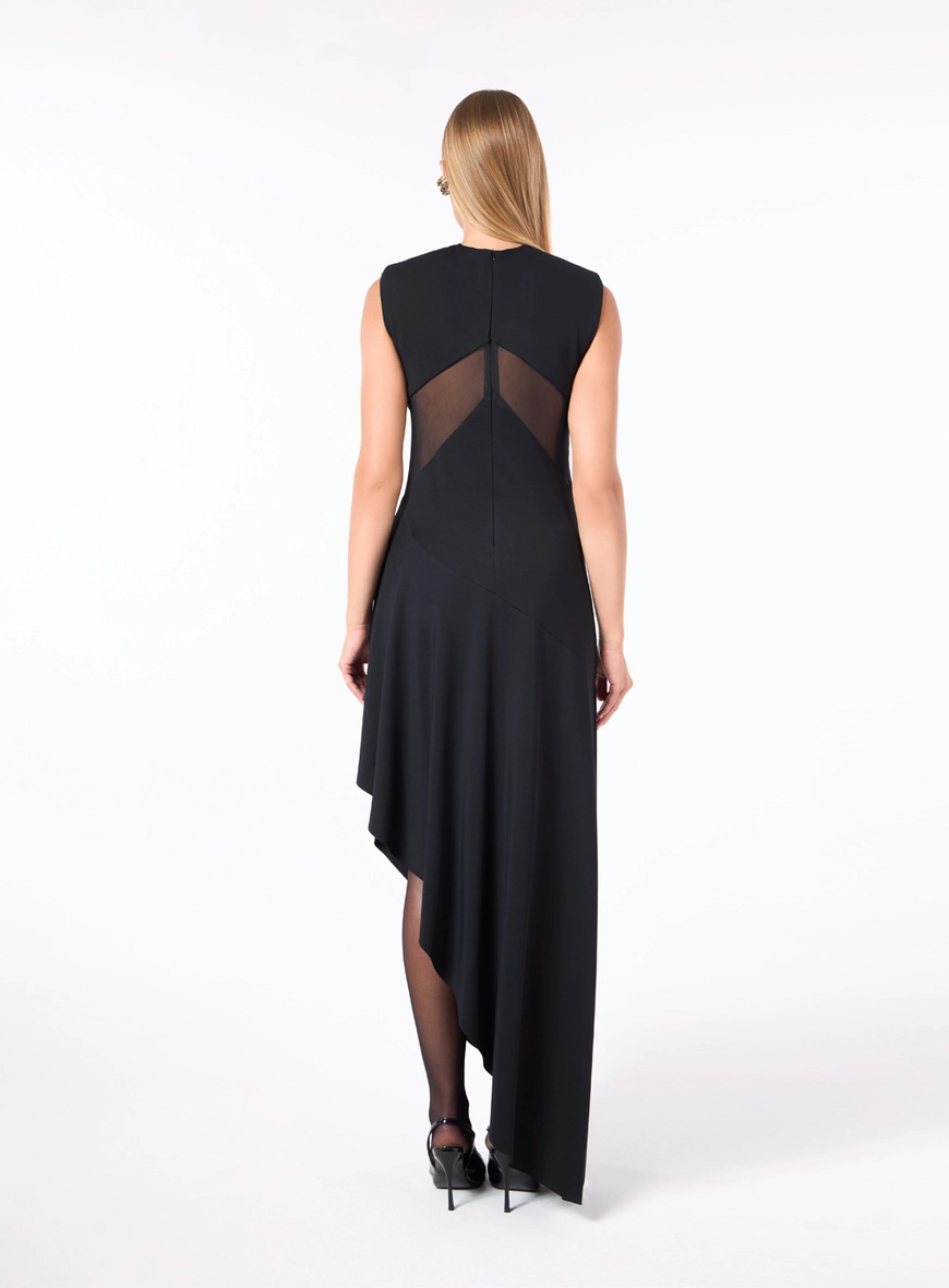 Vestido Midi Malha Recortes Tule - Preto