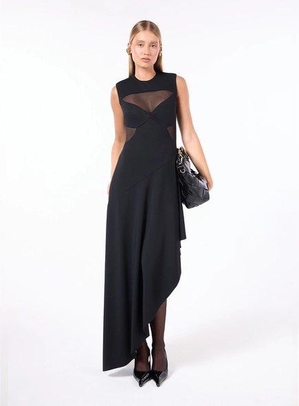 Vestido Midi Malha Recortes Tule - Preto