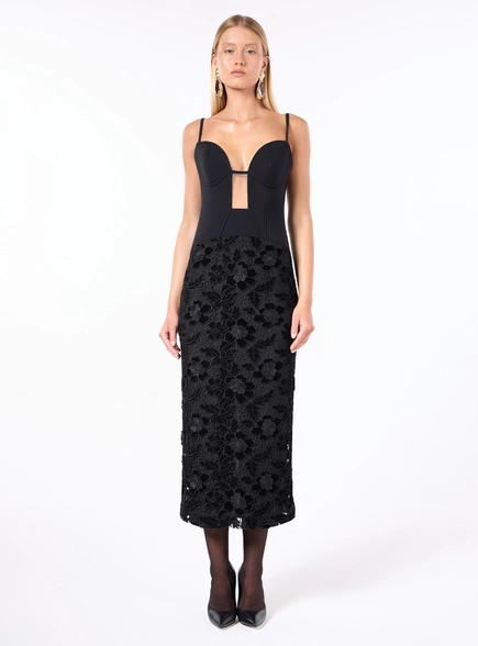Vestido Midi Corset Renda Flores - Preto