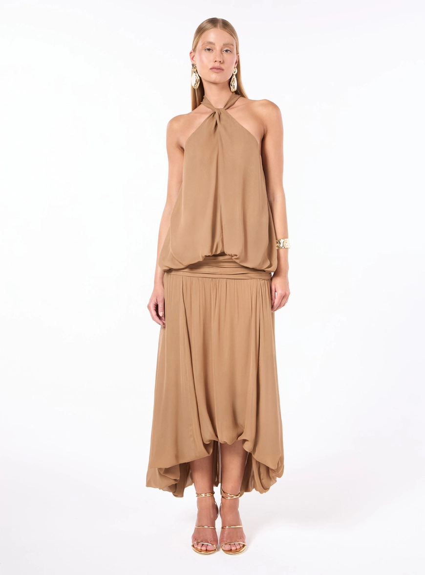 Vestido Midi Balonê Chiffon - Cáqui