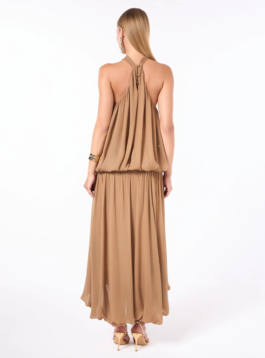 Vestido Midi Balonê Chiffon - Cáqui