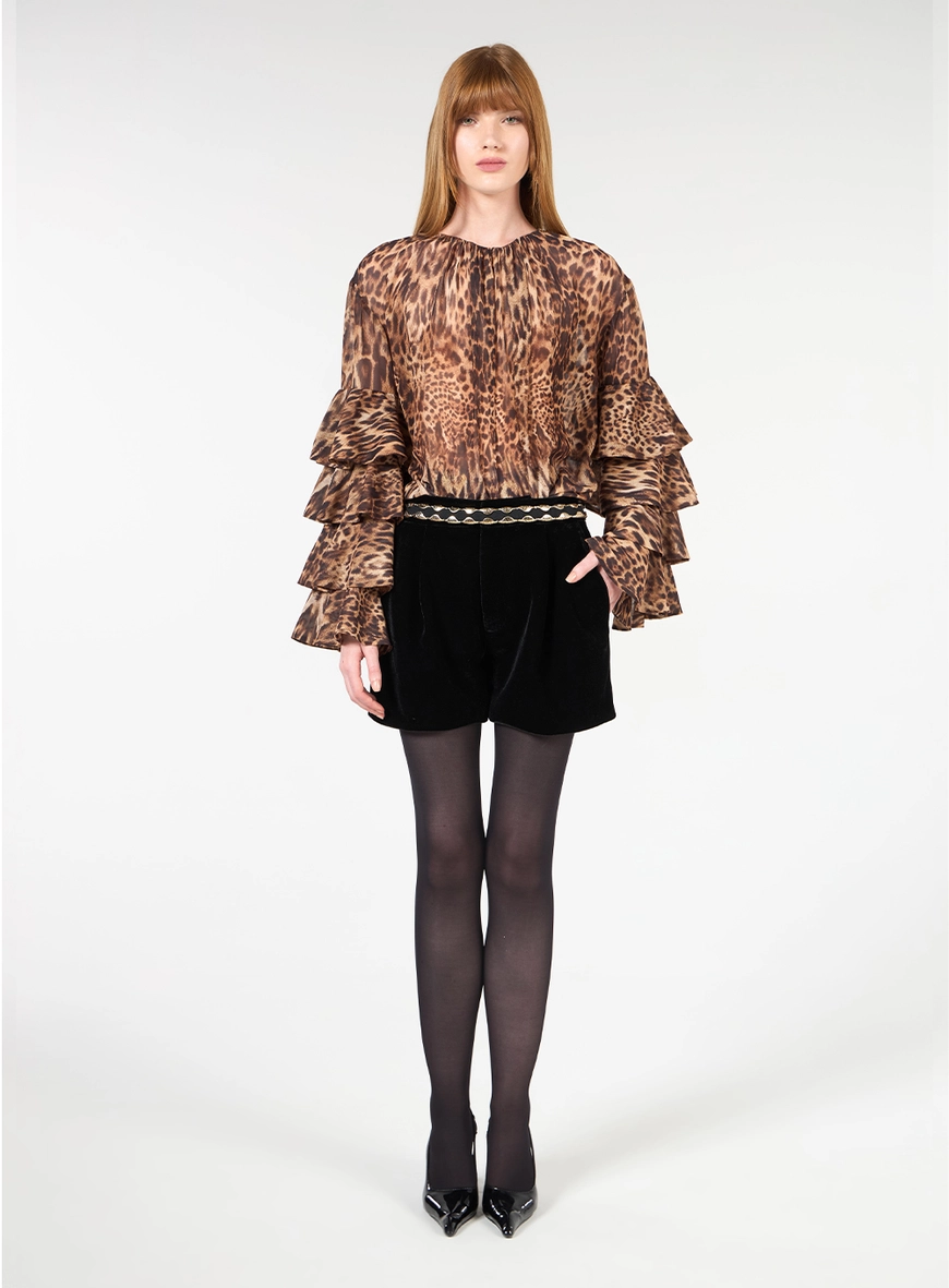 Blusa Chiffon Manga Babados - Leopardo