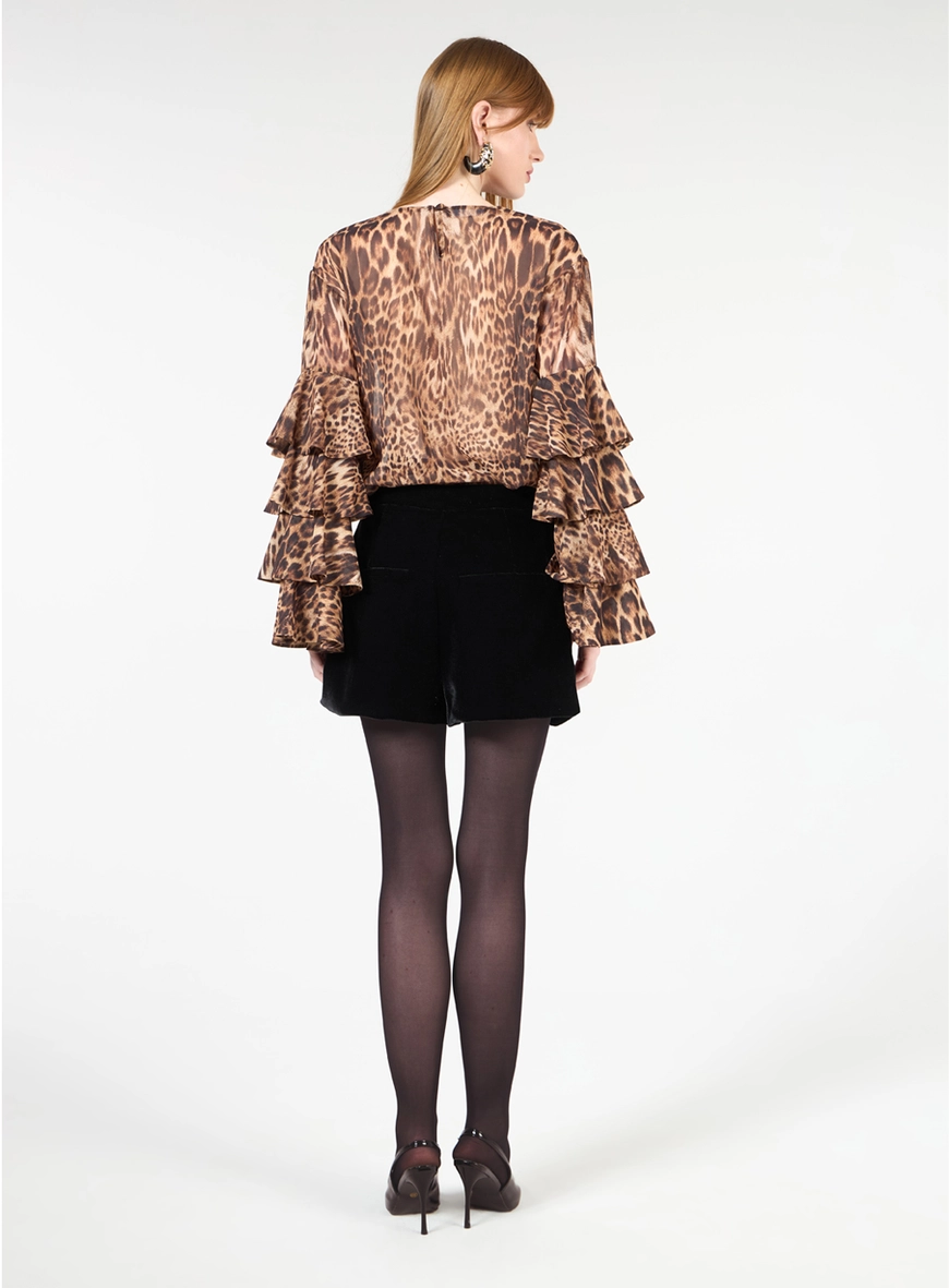 Blusa Chiffon Manga Babados - Leopardo