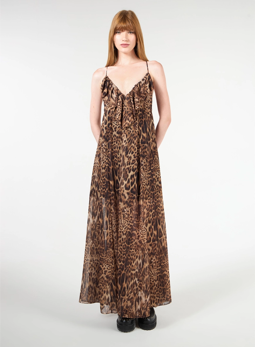 Vestido Midi Babados Estampa Leopard