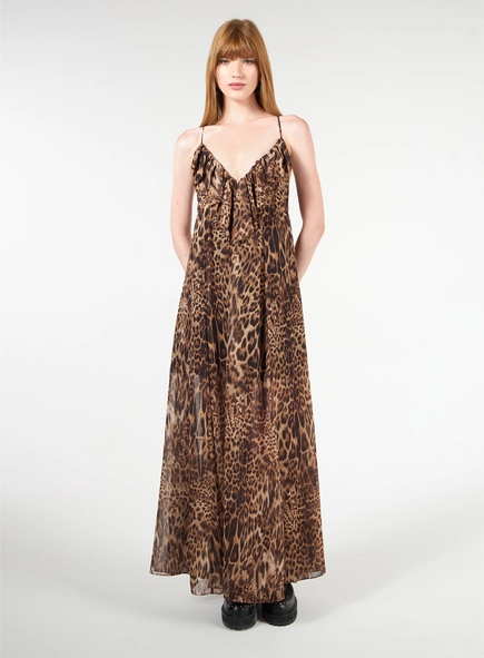 Vestido Midi Babados Estampa Leopard