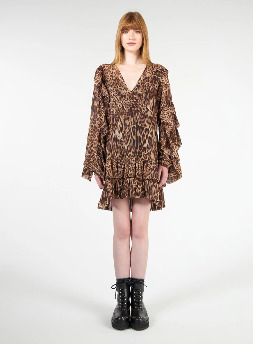 Vestido Curto Babados Estampa Leopard