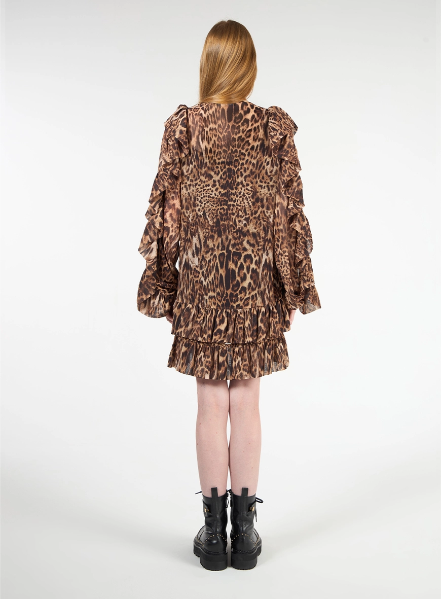 Vestido Curto Babados Estampa Leopard
